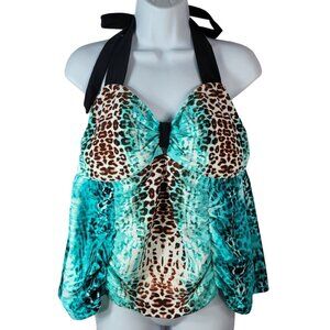 Catalina Halter Tankini Green Brown 2X Animal Print Ruched TieDye No Wire Plunge